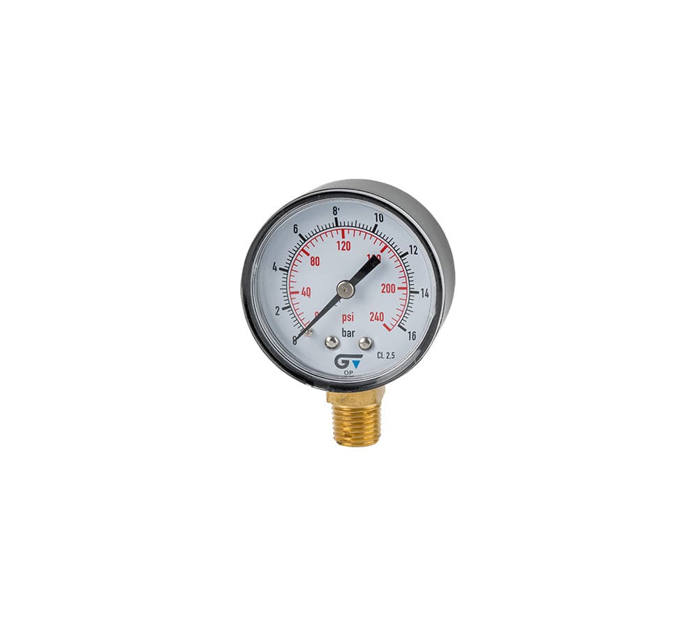 Manômetro DN53 Caixa em ABS sem Glicerina Saída Vertical 1/4” NPT de 0 a 16 Bar -     MAN-GB-3820N016