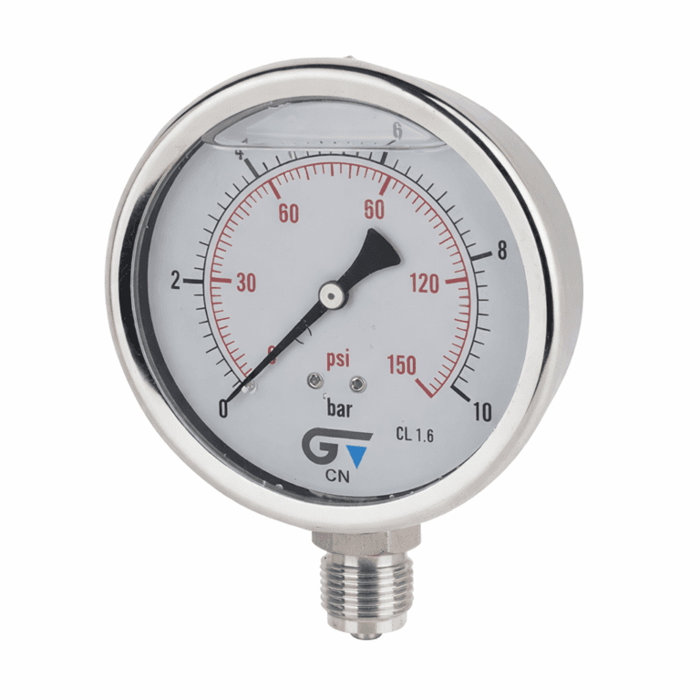 Manômetro DN100 Caixa em Aço Inoxidável com Glicerina Saída Vertical 1/2” BSP de 0 a 10 Bar - MAN-GB-3824010