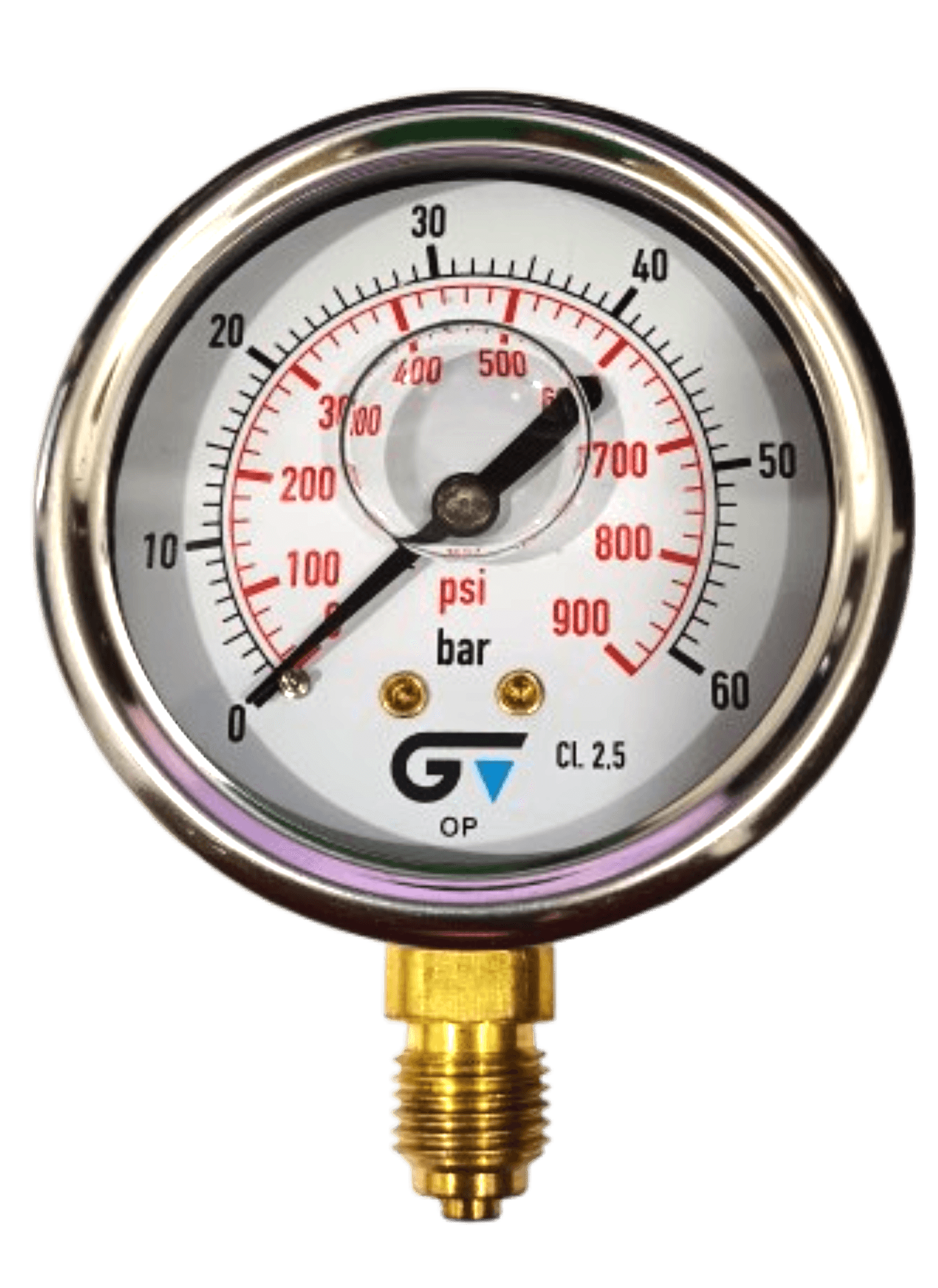 Manômetro DN63 Caixa em Aço Inoxidável com Glicerina Saída Vertical 1/4” BSP de 0 a 60 Bar - MAN-GB-3822060