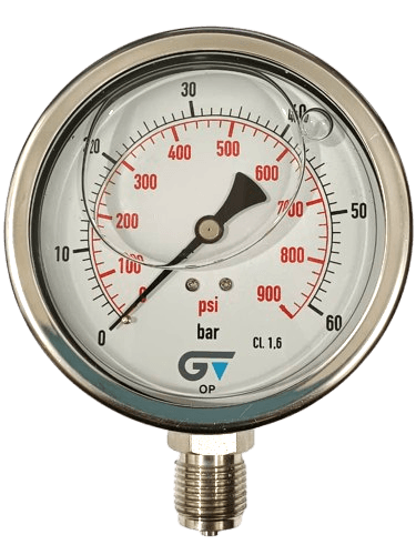 Manômetro DN100 Caixa em Aço Inoxidável com Glicerina Saída Vertical 1/2” BSP de 0 a 60 Bar - MAN-GB-3824060