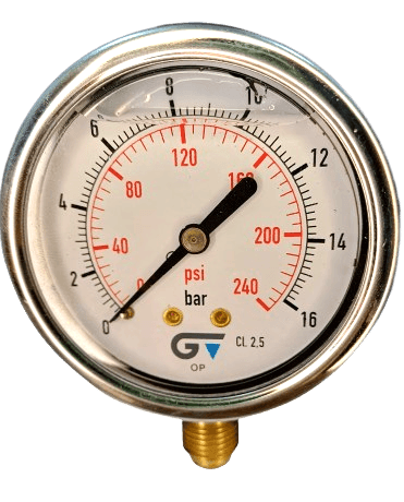 Manômetro DN63 Caixa em Aço Inoxidável com Glicerina Saída Vertical 1/4” BSP de 0 a 16 Bar - MAN-GB-3822016