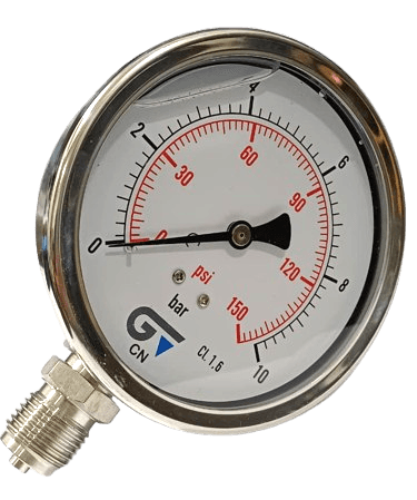 Manômetro DN100 Caixa em Aço Inoxidável com Glicerina Saída Vertical 1/2” BSP de 0 a 10 Bar - MAN-GB-3824010