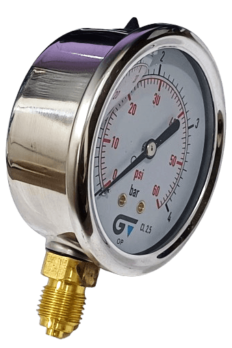 Manômetro DN63 Caixa em Aço Inoxidável com Glicerina Saída Vertical 1/4” BSP de 0 a 4 Bar - MAN-GB-3822004