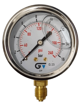 Manômetro DN63 Caixa em Aço Inoxidável com Glicerina Saída Vertical 1/4” BSP de 0 a 16 Bar - MAN-GB-3822016