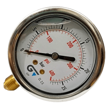 Manômetro DN63 Caixa em Aço Inoxidável com Glicerina Saída Vertical 1/4” BSP de 0 a 25 Bar - MAN-GB-3822025