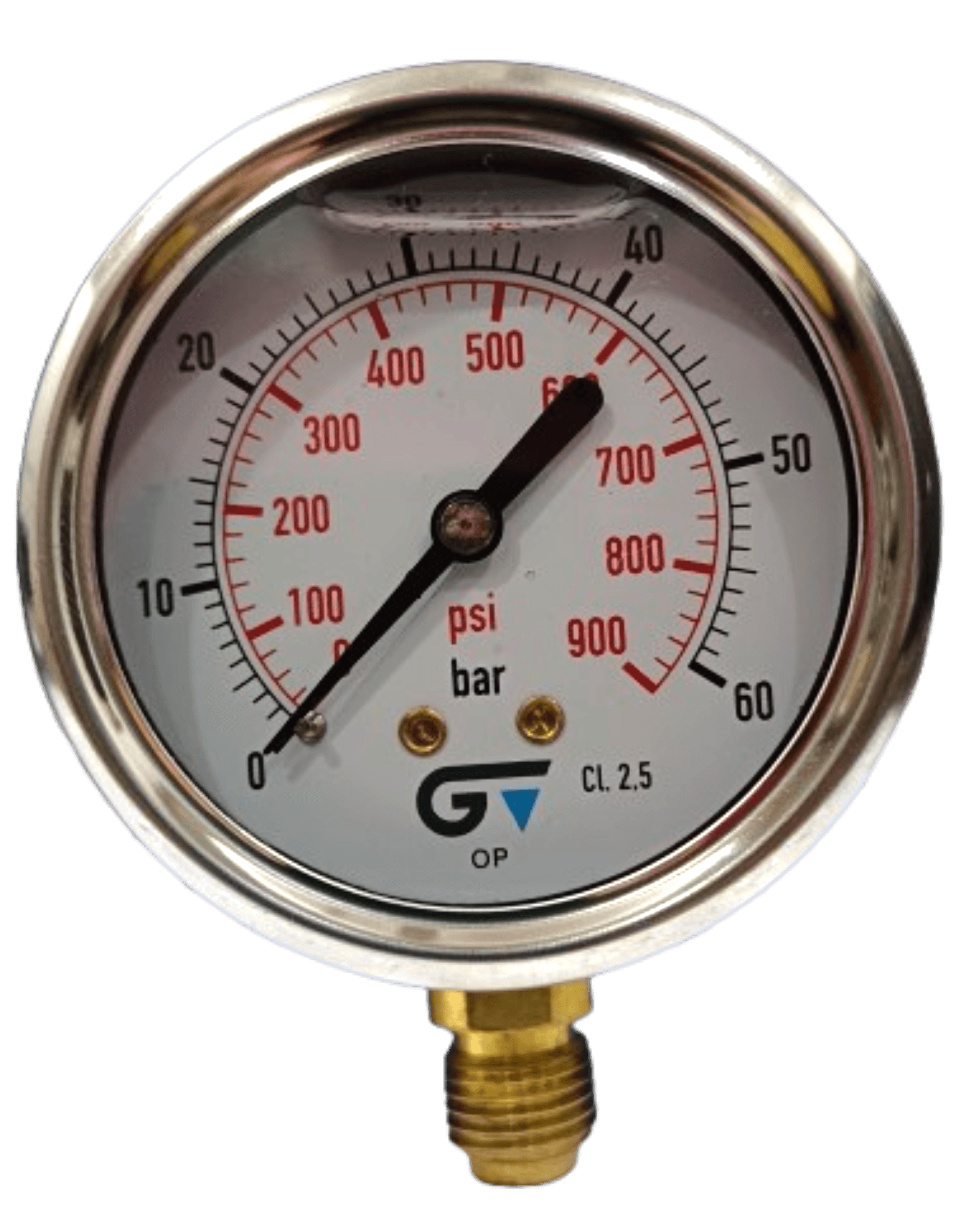 Manômetro DN63 Caixa em Aço Inoxidável com Glicerina Saída Vertical 1/4” BSP de 0 a 60 Bar - MAN-GB-3822060