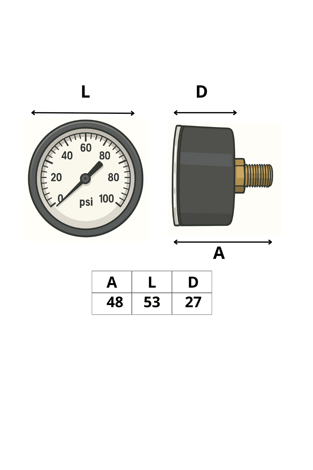 Manômetro DN53 Caixa em ABS sem Glicerina Saída Horizontal 1/4” BSP de 0 a 10 Bar - MAN-GB-3821010