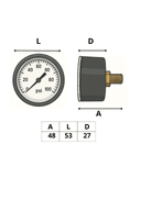 Manômetro DN53 Caixa em ABS sem Glicerina Saída Horizontal 1/4” BSP de 0 a 25 Bar - MAN-GB-3821025
