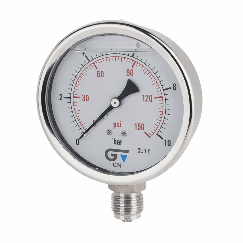 Manômetro DN100 Caixa em Aço Inoxidável com Glicerina Saída Vertical 1/2” BSP de 0 a 10 Bar - MAN-GB-3824010
